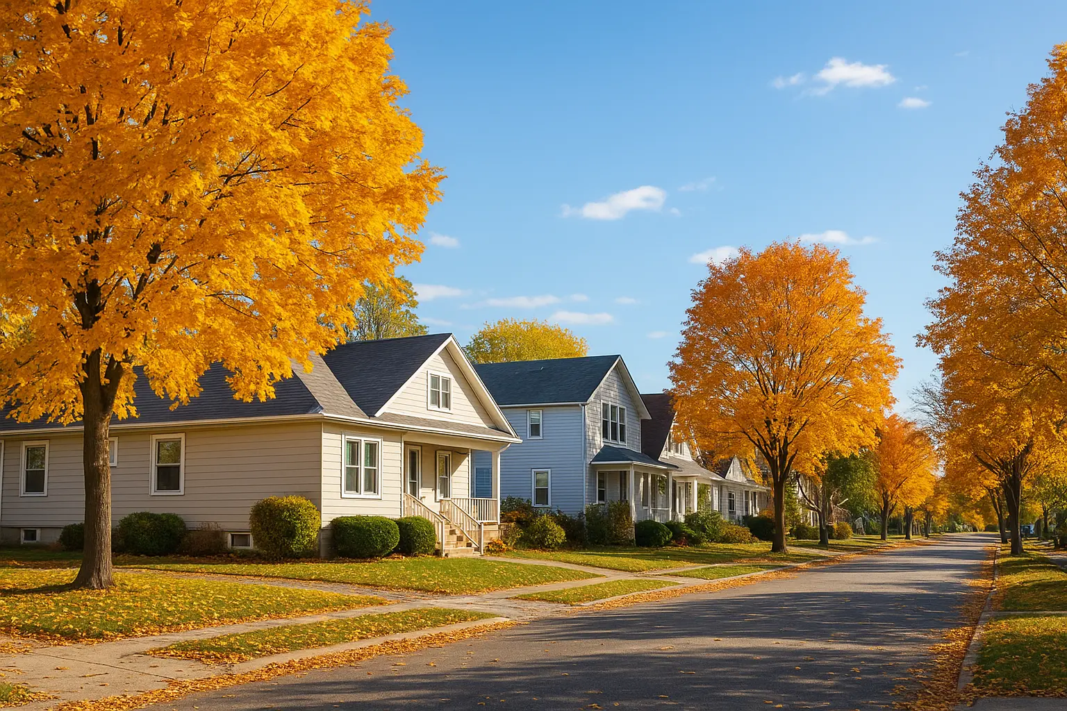 Exterior view of residential homes in Humboldt, Saskatchewan on a bright fall day with trees and golden leaves.